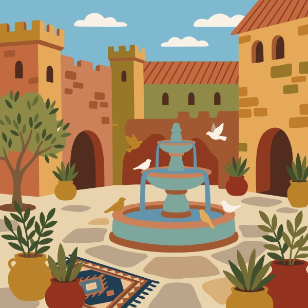 Castle Courtyard Fountain free printable jigsaw puzzle & coloring page
