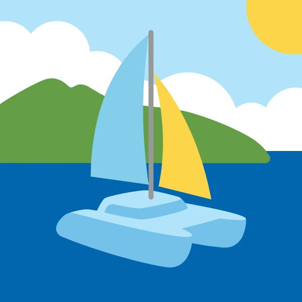 Leaf green, gray, and sun yellow catamaran on blue harbor water with docks, boats, cranes, or shoreline buildings.