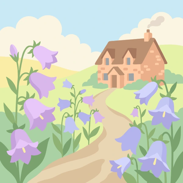 Large nodding lavender bluebell flowers lining both sides of a sandy winding path leading toward a stone cottage with a smoking chimney and rolling green hills