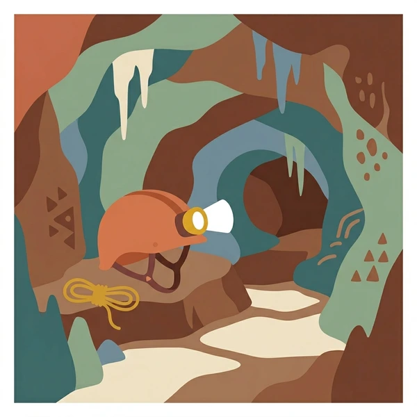 Caver wearing an orange and gray helmet with headlamp inside an underground cave tunnel with brown stalactites, blue-green mineral deposits, and cream rock formations