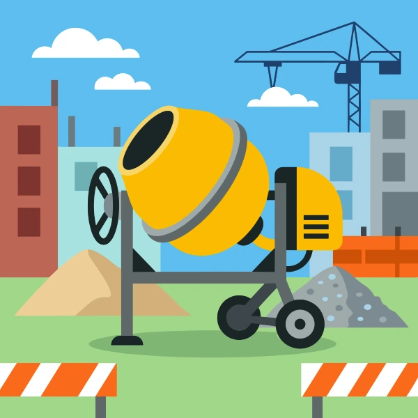 Cement mixer at building site with mustard yellow and earth brown body tones, black accents, and turquoise background.