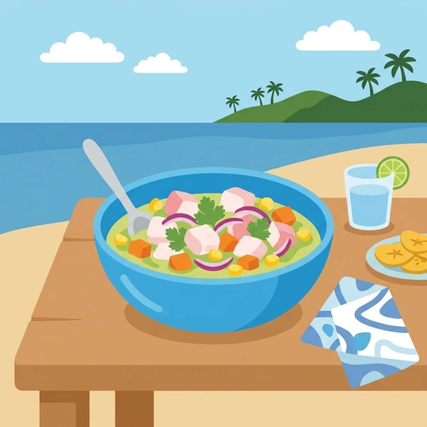 Ceviche On Seaside Table arranged as a fresh food scene with visible ingredient details and serving context