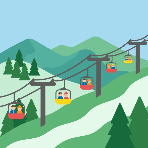 Teal, light gray, and mint green chairlift among trees, hills, or mountains with a winding path or river nearby.