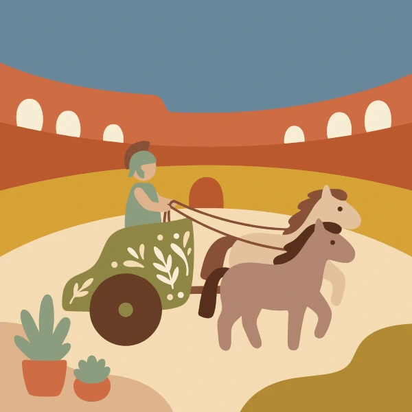 Mustard yellow, tan, and red chariot inside or beside a stadium with crowd colors, flags, or a bold bowl shape.