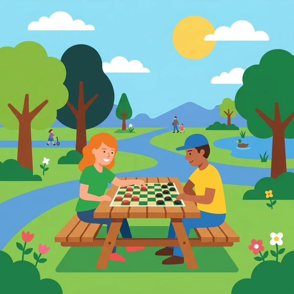 Two players at a picnic table with a red and brown checkerboard beside a river with trees and spectators