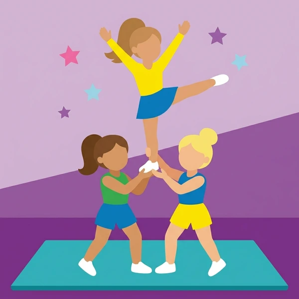 Three cheerleaders in yellow and blue uniforms forming a pyramid on a turquoise mat with purple background and pastel stars