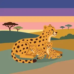 Cheetah Mother with Cubs at Sunset