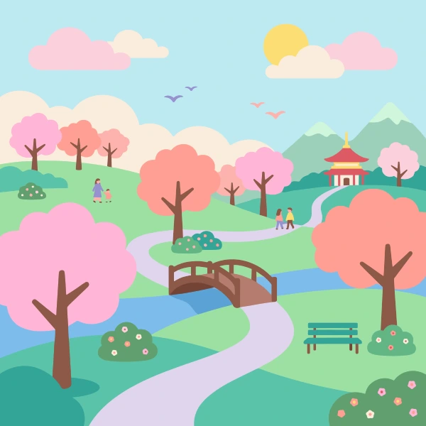 Cherry Blossom Park with Bridge free printable jigsaw puzzle & coloring page