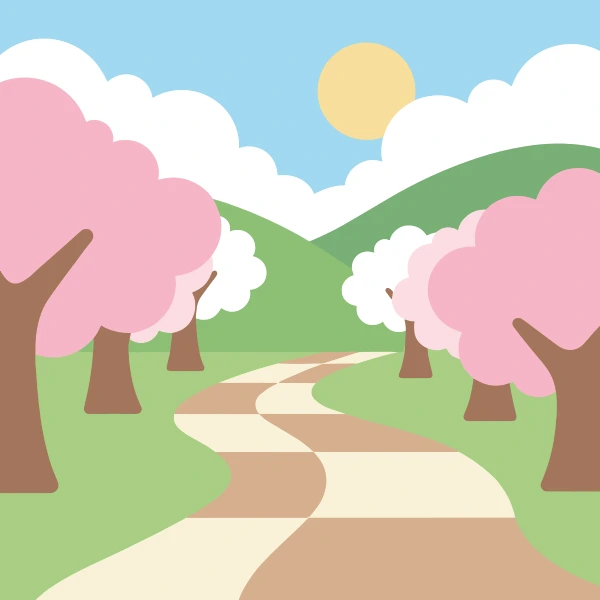 Winding park path flanked by pink cherry blossom trees with green hills and a yellow sun in the background