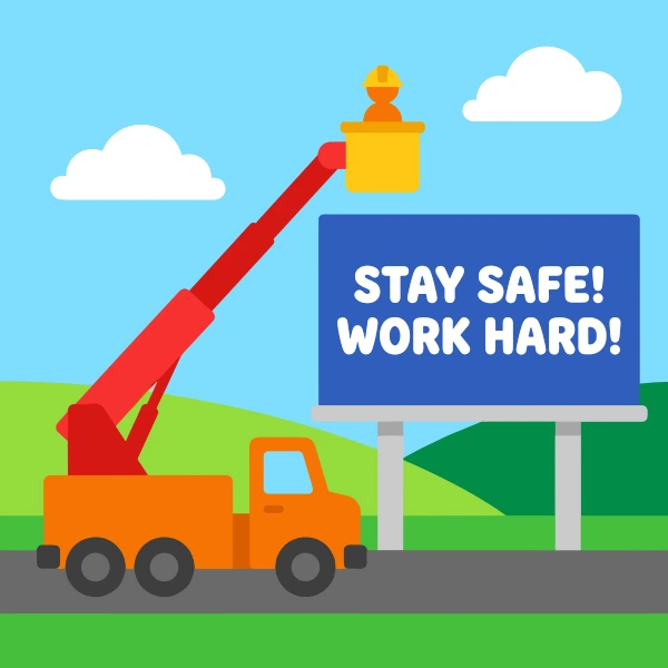 Cherry picker near billboard with deep blue and grass green body tones, red accents, and sky blue background.