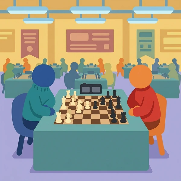 Two chess players at a cream and brown chessboard inside a tournament hall with multiple game tables and orange and blue overhead lighting