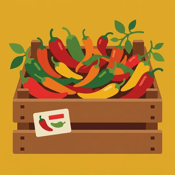 Chili Peppers In Market Crate arranged as a fresh food scene with visible ingredient details and serving context
