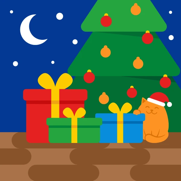 Christmas Eve Cat with Gifts free printable jigsaw puzzle & coloring page