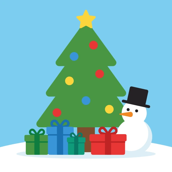 Decorated Christmas tree with star topper, colorful ornaments, wrapped presents, and snowman with top hat on snowy ground