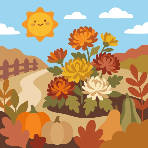 Orange red yellow and cream chrysanthemum blooms in an autumn garden with pumpkins colorful leaves and a wooden fence