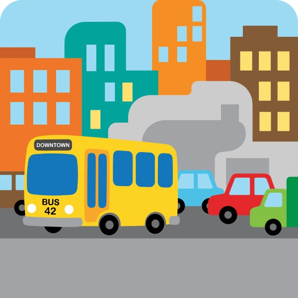 City bus in traffic with sun yellow and light gray body tones, teal accents, and light blue background.