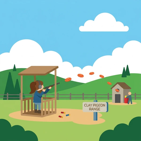 Shooter in a tan stand aiming at orange clay pigeons flying over a green rural shooting range with spectators and blue sky