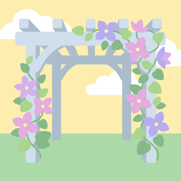 Purple and pink four-petaled clematis flowers climbing a white wooden pergola with green leaves on a pale yellow background