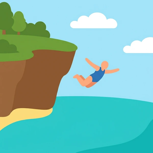Diver mid-leap from a high brown cliff over a turquoise cove with green vegetation and blue sky