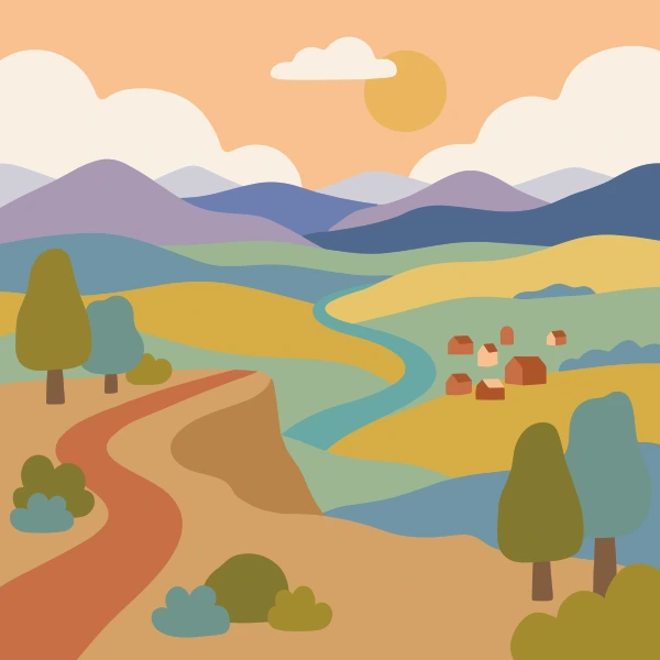 Panoramic view from a clifftop overlooking a winding river valley with a small village and layered mountains