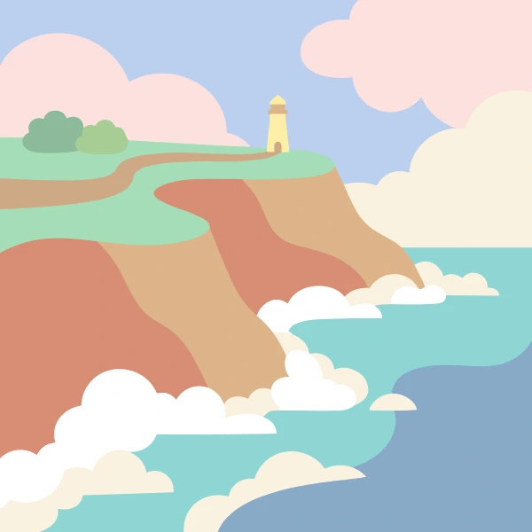 Dramatic coastal cliffs with a yellow lighthouse perched on the edge above crashing ocean waves and pink clouds