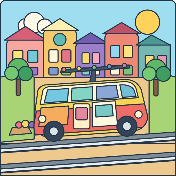 Red and yellow tram crossing city rails beside colorful townhouses, round trees, flowers, and festival lights.