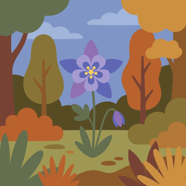 Single blue and purple columbine flower with a yellow center standing in an autumn woodland clearing surrounded by orange and olive trees
