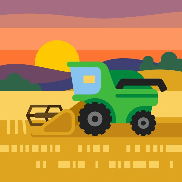 Orange, black, and leaf green combine harvester set against layered sunrise or sunset bands with a low sun and dark silhouettes.