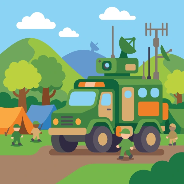 Forest green, charcoal, and grass green command vehicle in fields with barns, crop rows, hay bales, or farm animals under a bright sky.
