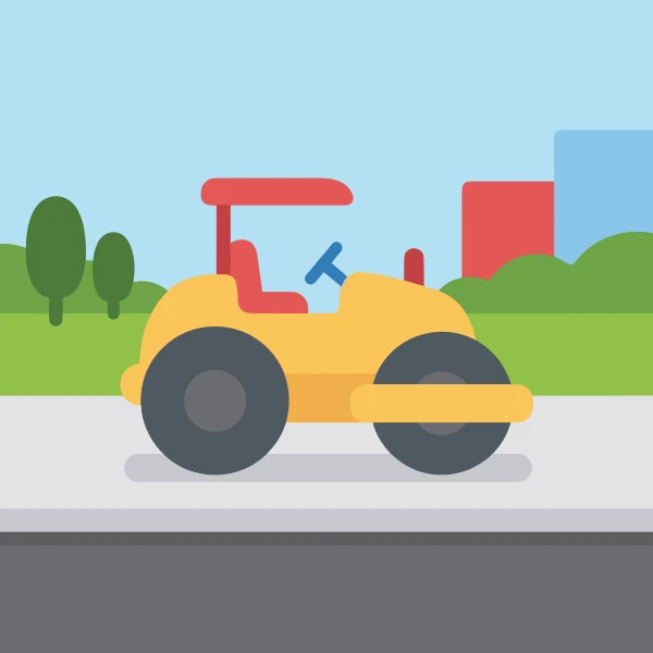 Compact roller by sidewalk with sun yellow and charcoal body tones, coral accents, and light blue background.