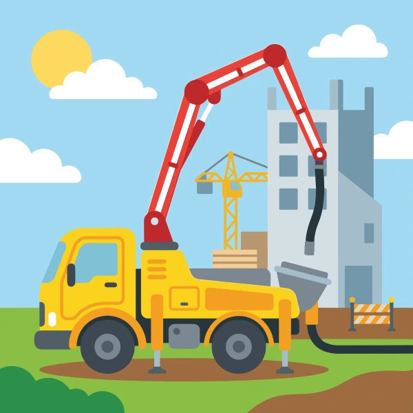 Yellow concrete pump truck with a long red and white segmented boom arm pouring concrete into a grey tower building under construction, with a yellow crane behind.