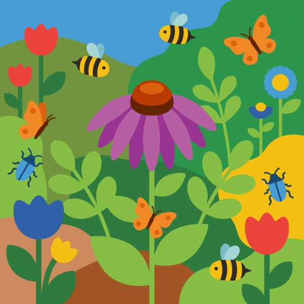 Purple coneflower surrounded by bumblebees orange butterflies blue beetles and red and blue tulips in a bright green garden
