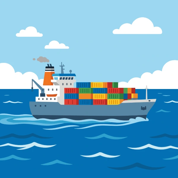 Grey container ship loaded with stacked red, blue, yellow, green, and orange shipping containers sailing on wavy dark blue ocean with light blue sky and clouds.