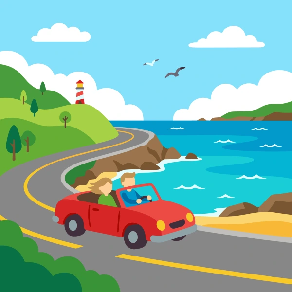 Turquoise, brown, and teal convertible near sand, blue water, and palm trees, cliffs, or a pier.