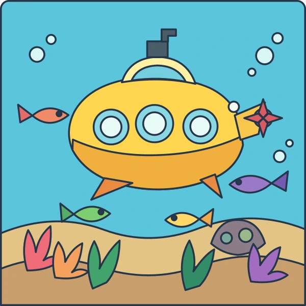 Rounded yellow submarine exploring a blue coral reef with colorful fish, sea plants, rocks, and bubbles.