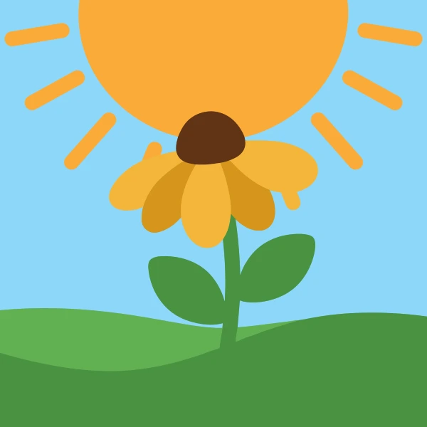 Single golden yellow daisy-like flower on a green stem with leaves beneath a large bright orange sun on a sky blue background