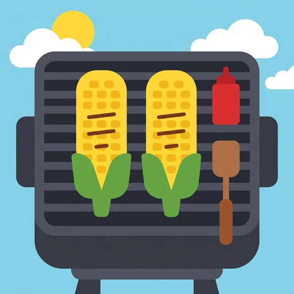 Corn On Barbecue Grill displayed as a fresh food scene showing corn cob, grill marks, butter glaze, and barbecue setting