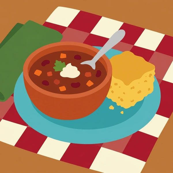 Cornbread Beside Chili Bowl displayed as a fresh food scene showing cornbread slice, crust edge, chili bowl, and comfort pairing