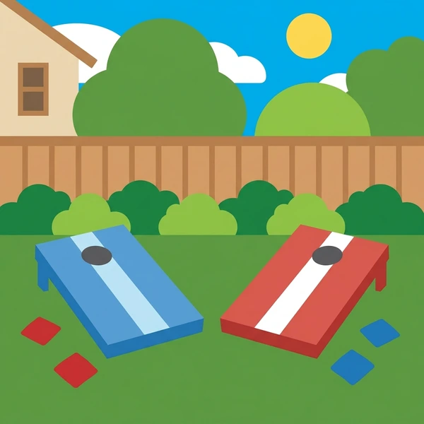 Red and blue cornhole boards on a green lawn with spectators behind a wooden fence in a suburban backyard