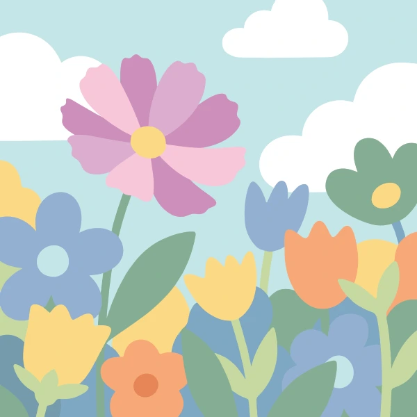 Large pink and purple cosmos flower among orange tulips yellow flowers blue daisy-like blooms and green leaves under a pale sky