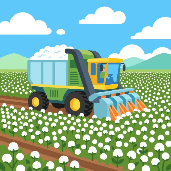 Leaf green, charcoal, and light blue cotton picker in fields with barns, crop rows, hay bales, or farm animals under a bright sky.