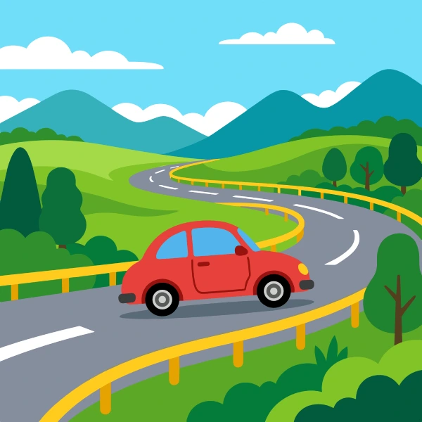 Coupe on scenic highway, colored grass green, red, and turquoise, with sky blue above and gray below.