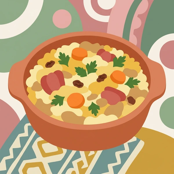 Couscous In Serving Dish displayed as a fresh food scene showing couscous grains, herb garnish, serving dish, and North African styling