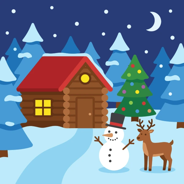 Log cabin with red roof in snowy night scene with decorated Christmas tree, snowman, deer, moon, and pine trees