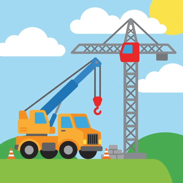 Crane truck in gray, sky blue, and deep blue beside tower, with light blue sky and grass green ground.