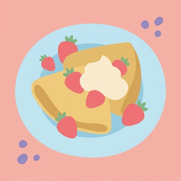 Crepes With Strawberries displayed as a fresh food scene showing thin crepes, folded layers, strawberry slices, whipped cream, and powdered sugar