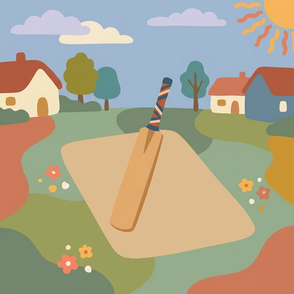 Cricket bat on a tan village pitch with green trees, orange-roofed buildings, and a yellow sun in the background
