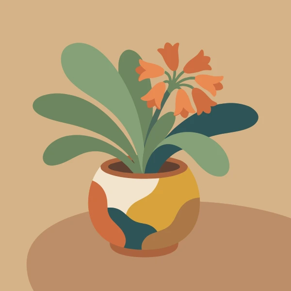 Orange bell-shaped flowers clustered on arching stems with broad green and teal leaves in a round ceramic pot with a swirling terracotta cream teal and gold pattern