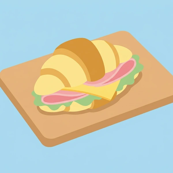 Croissant Sandwich On Board displayed as a fresh food scene showing filled croissant sandwich, flaky pastry layers, fresh filling, and serving board