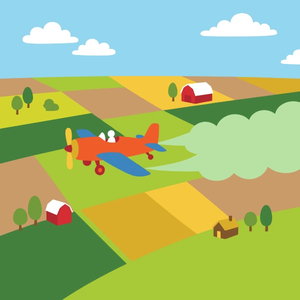 Mint green, tan, and mustard yellow crop duster in fields with barns, crop rows, hay bales, or farm animals under a bright sky.